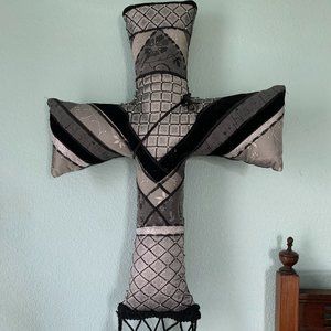 Hand crafted cross, fabric pillow stuffed, black, gray, silver